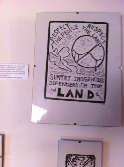 “Respect the people, respect the land” – made for land-defenders who were protesting the Northern Gateway proposed pipeline project specifically and more generally for all Indigenous land-defenders. http://pipeupagainstenbridge.ca/